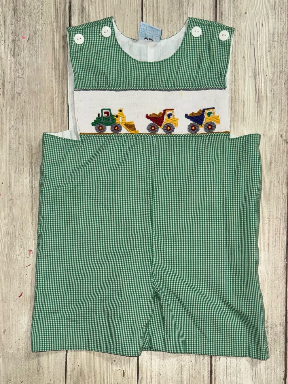 Remember Nguyen smocked dump truck shortall 3t boys boutique construction